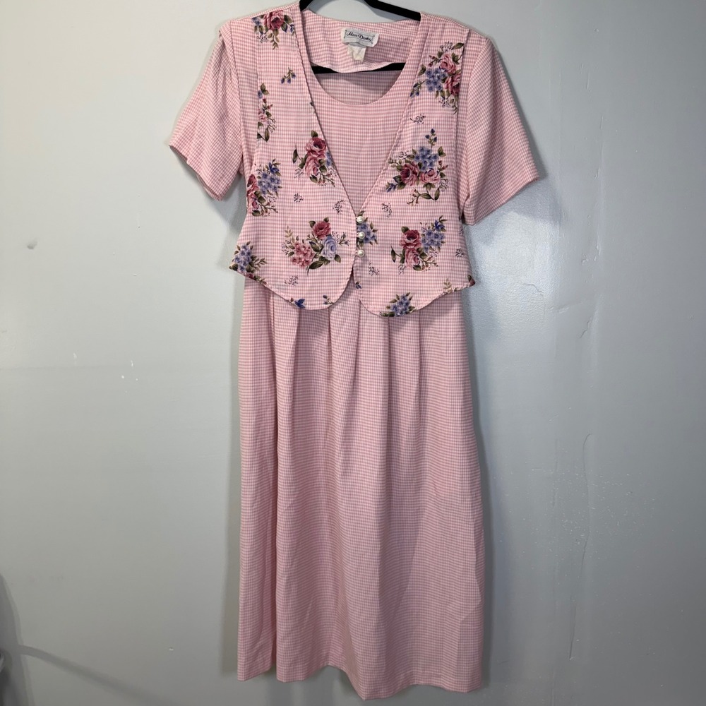 Vintage 90s Miss Dorby Pink Gingham Floral Faux Vest Midi Dress Size‎ 12